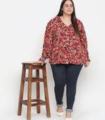 Gorgeous red floral print plus size women shirt