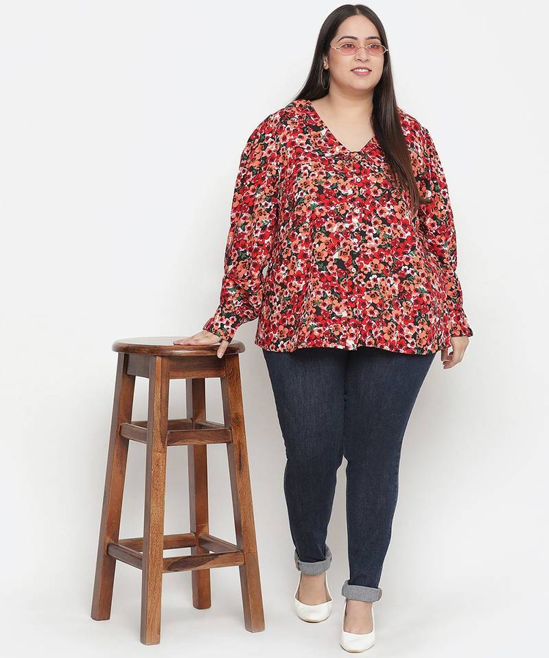 Gorgeous red floral print plus size women shirt
