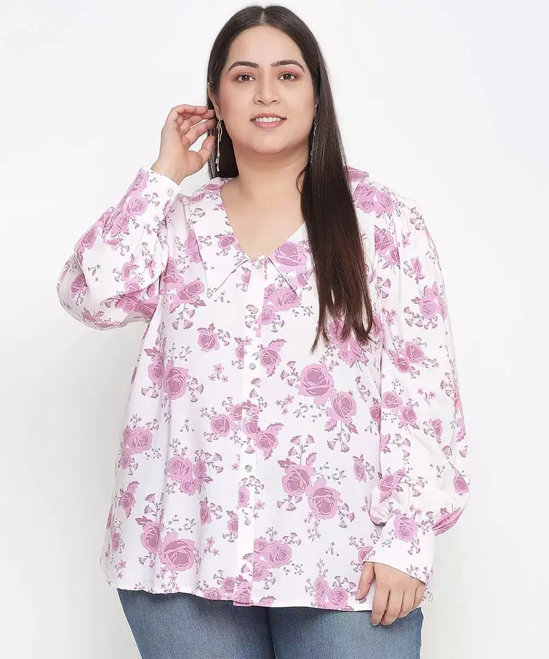 Full of love light pink floral print plus size women shirt