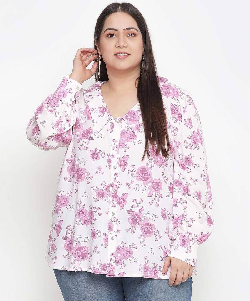 Full of love light pink floral print plus size women shirt