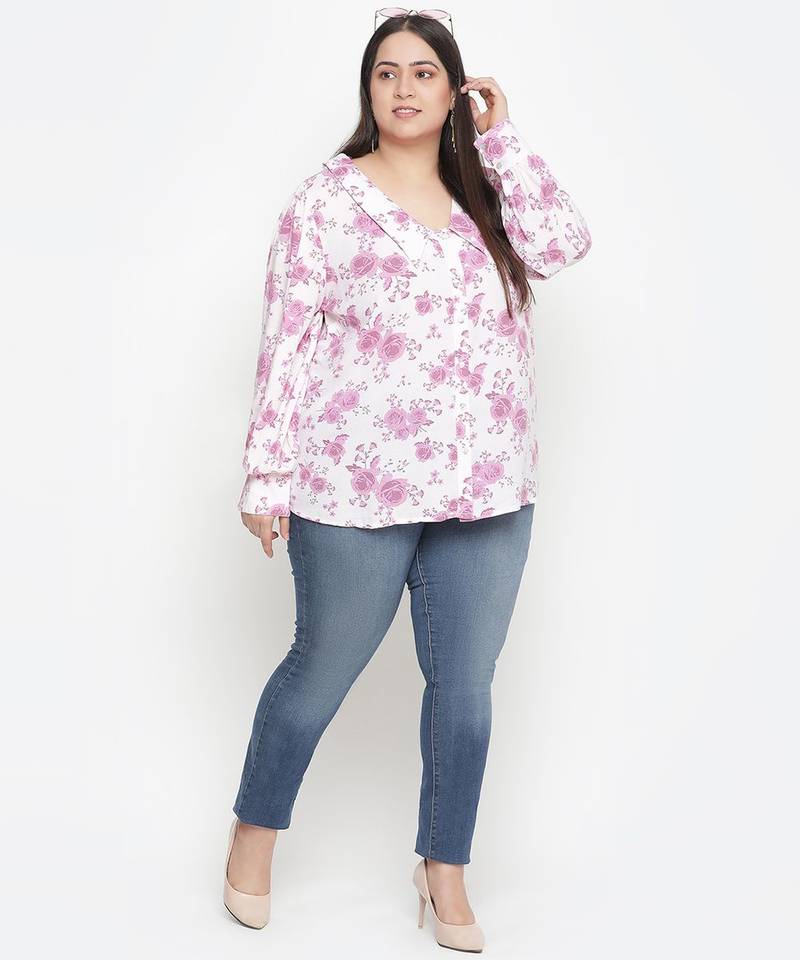 Full of love light pink floral print plus size women shirt