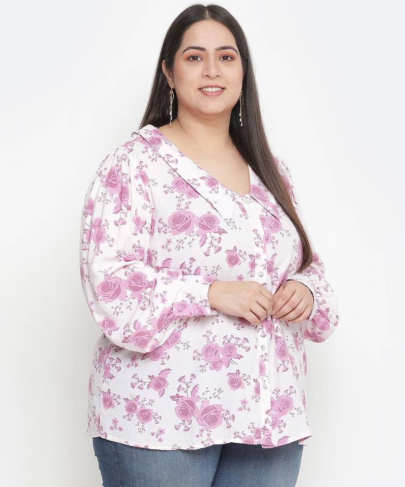 Full of love light pink floral print plus size women shirt