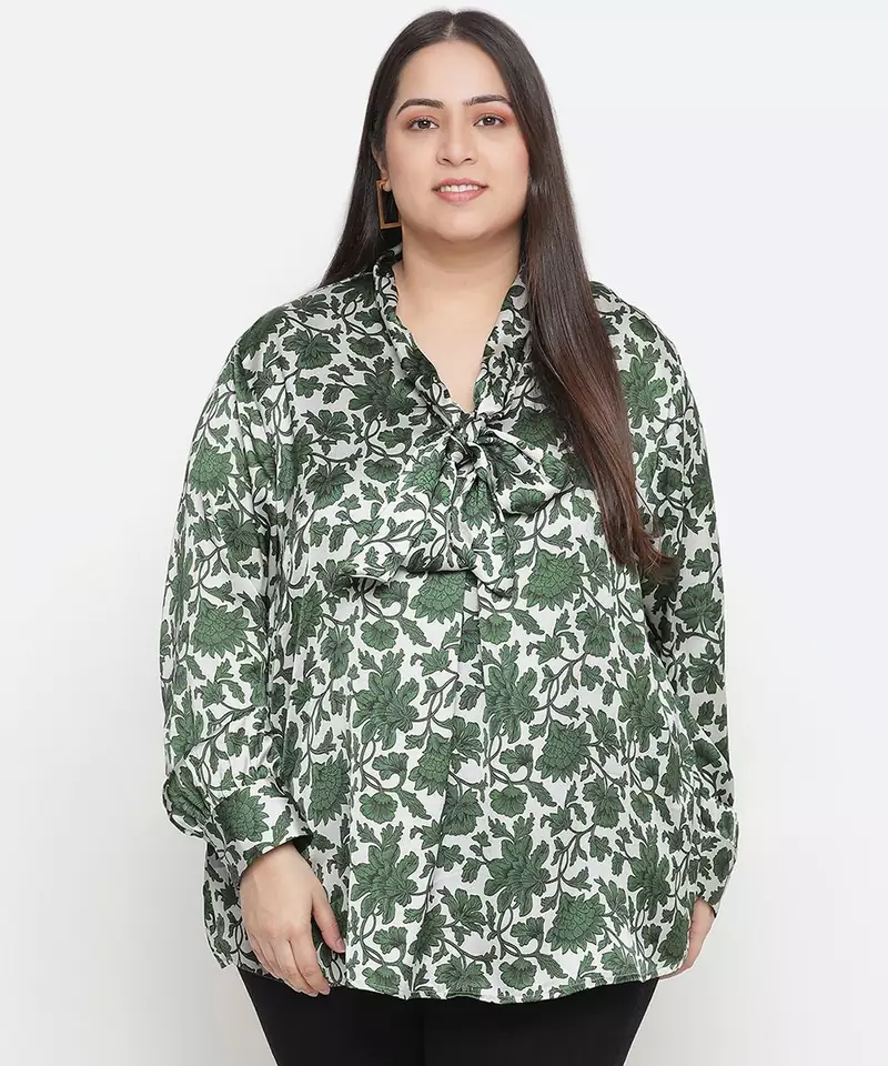 Seemly green  floral print stylish plus size women top