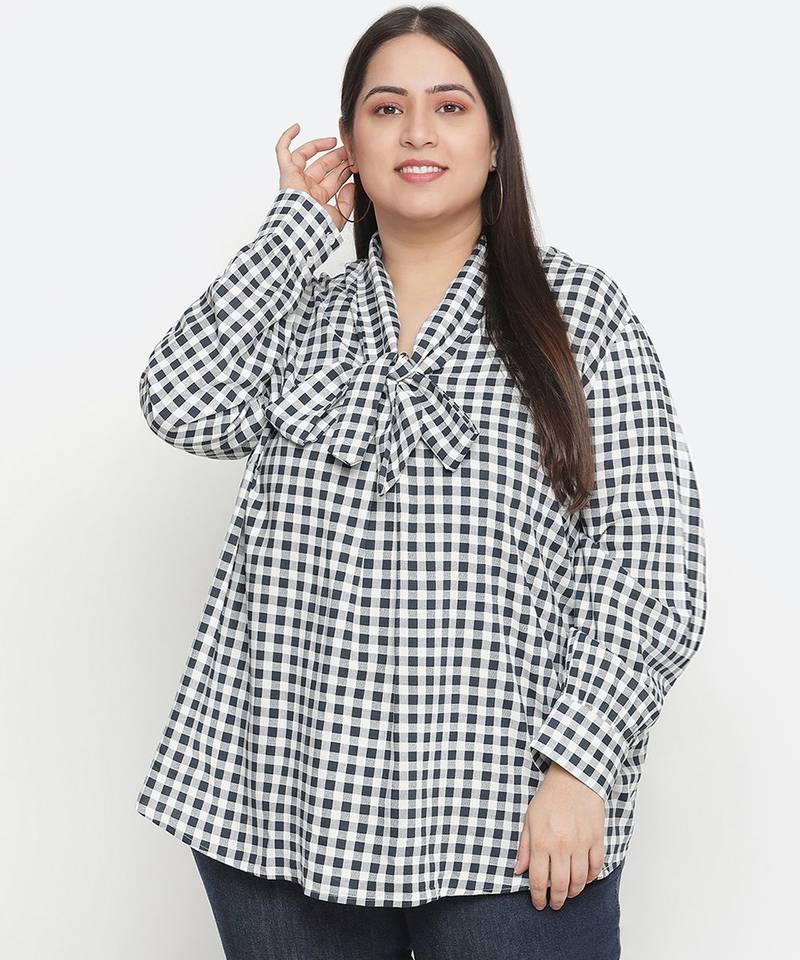 Doring check print stylish plus size women top