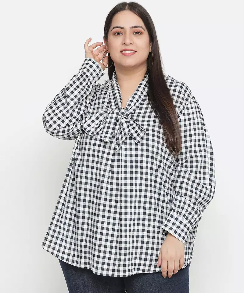 Doring check print stylish plus size women top