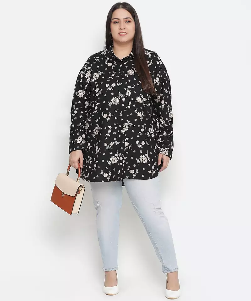 Lure Black floral print plus size women shirt