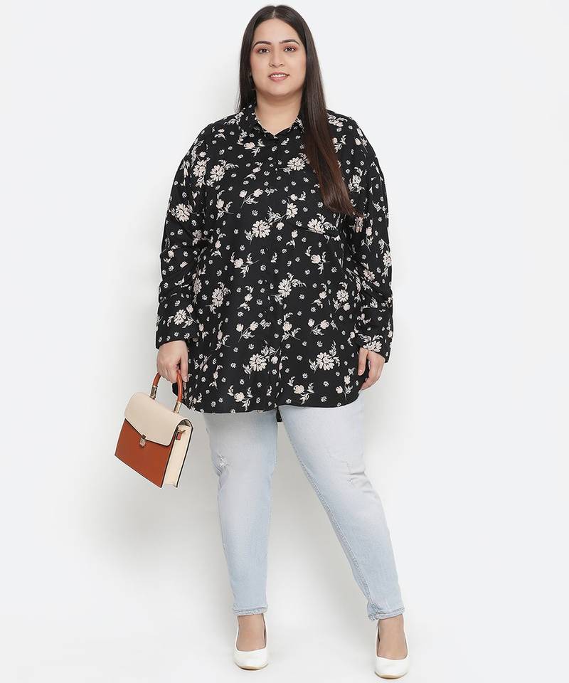 Lure Black floral print plus size women shirt