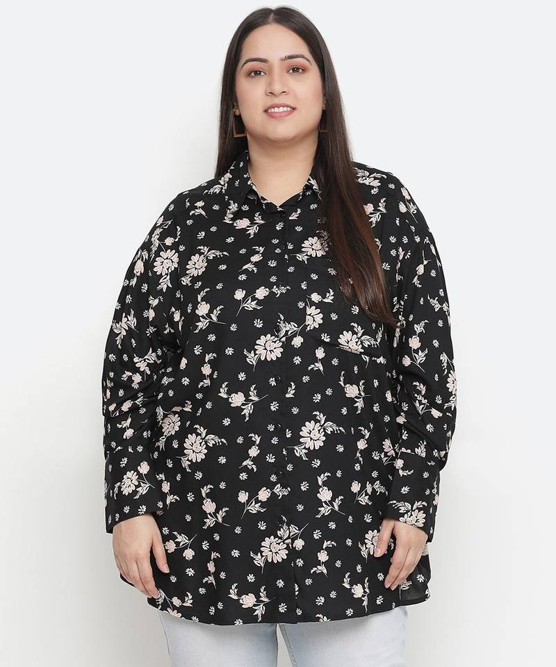 Lure Black floral print plus size women shirt