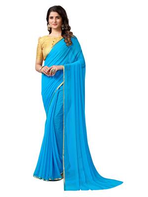 Turquoise woven chiffon saree with blouse 1