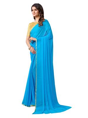 Turquoise woven chiffon saree with blouse 2
