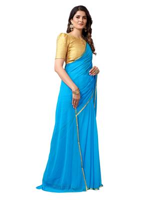 Turquoise woven chiffon saree with blouse 3
