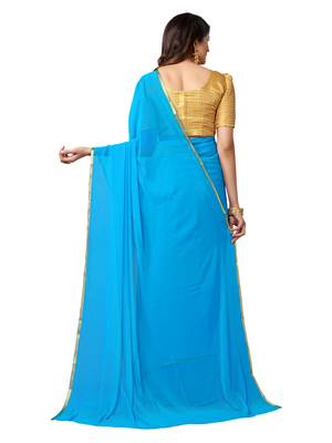 Turquoise woven chiffon saree with blouse 4