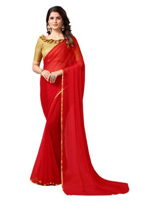 Red woven chiffon saree with blouse 1