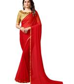 Red woven chiffon saree with blouse