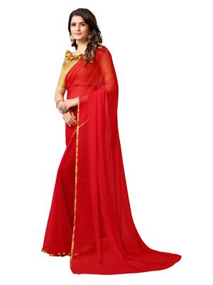 Red woven chiffon saree with blouse 2