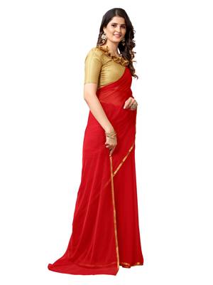 Red woven chiffon saree with blouse 3