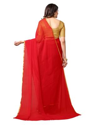 Red woven chiffon saree with blouse 4