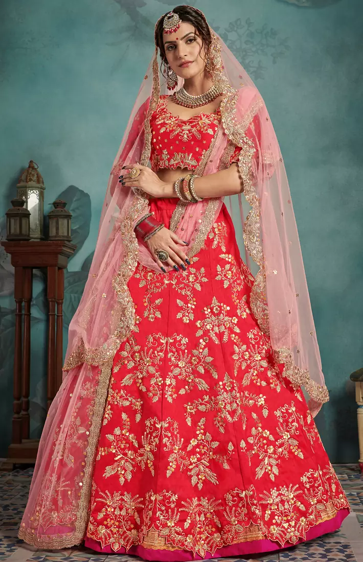 CHARMING Red Sequins Embroidered Art Silk Semi Stitched bridal lehenga with double dupatta
