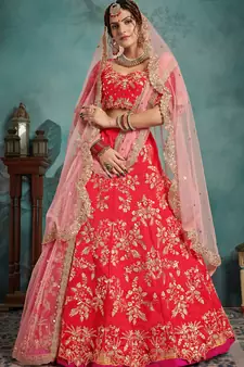 CHARMING Red Sequins Embroidered Art Silk Semi Stitched bridal lehenga with double dupatta