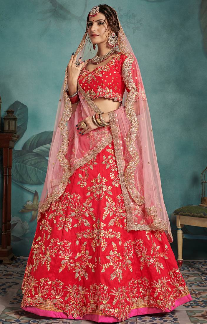 CHARMING Red Sequins Embroidered Art Silk Semi Stitched Bridal Lehenga with double dupatta