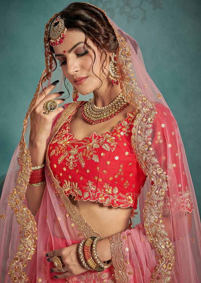 CHARMING Red Sequins Embroidered Art Silk Semi Stitched Bridal Lehenga with double dupatta