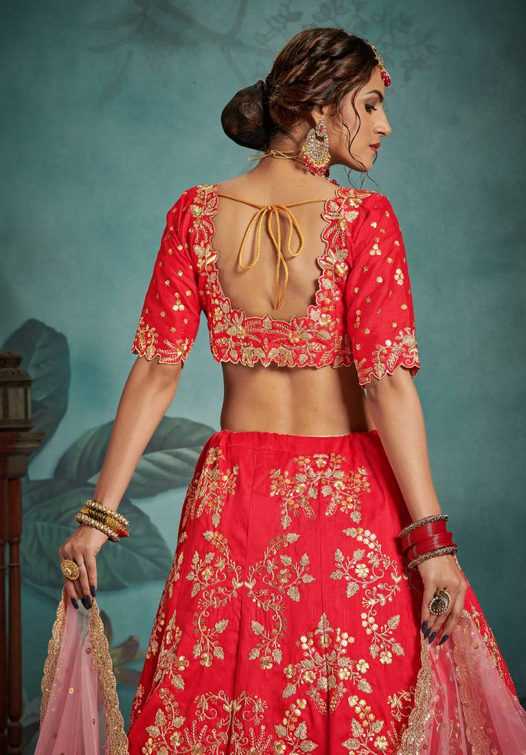 CHARMING Red Sequins Embroidered Art Silk Semi Stitched Bridal Lehenga with double dupatta