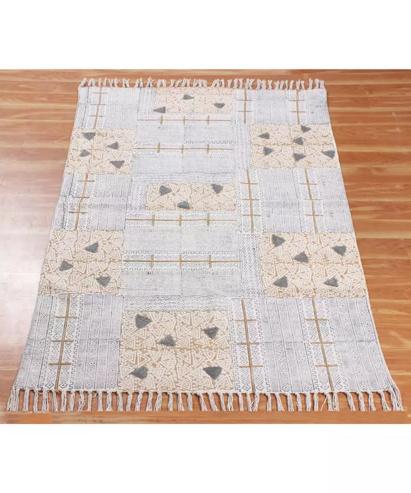 3x3 Ft Rug For Patio Decor Handmade Cotton Rug Hand Block Printed Flat Weave
