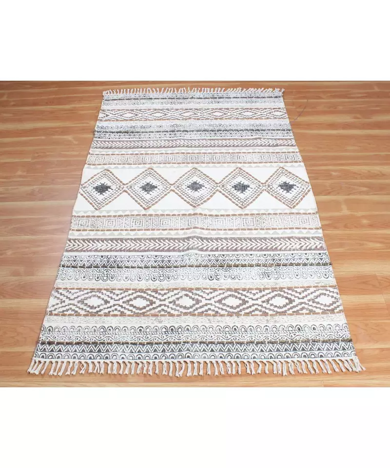 2x3 Ft Cotton Dhurrie Hand Block Printed Area Rug Floor Decor Brown Color