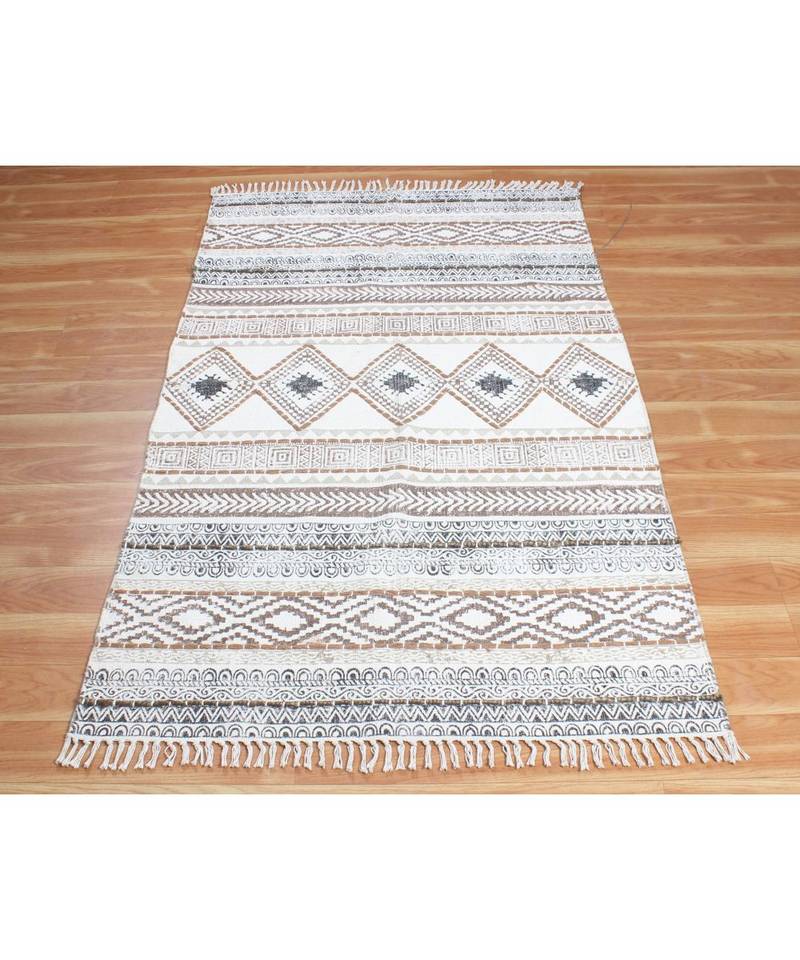 4x7 Ft Cotton Dhurrie Hand Block Printed Area Rug Floor Decor Brown Color