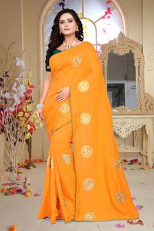 Yellow embroidered silk blend saree with blouse
