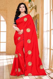 Red embroidered silk blend saree with blouse