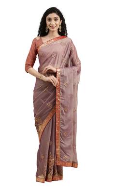 Pink embroidered chiffon saree with blouse 1