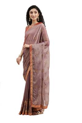 Pink embroidered chiffon saree with blouse 2