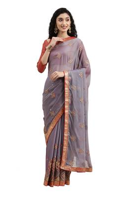 Blue embroidered chiffon saree with blouse 1