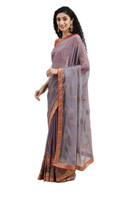 Blue embroidered chiffon saree with blouse 2