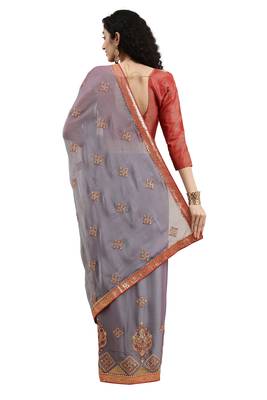 Blue embroidered chiffon saree with blouse 3