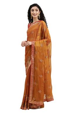 Yellow embroidered chiffon saree with blouse 3