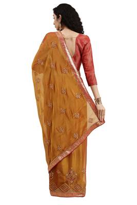 Yellow embroidered chiffon saree with blouse 4