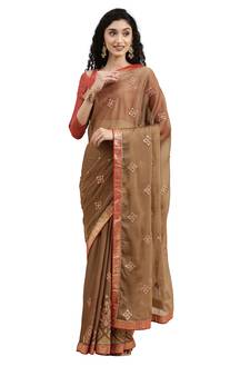 Beige embroidered chiffon saree with blouse