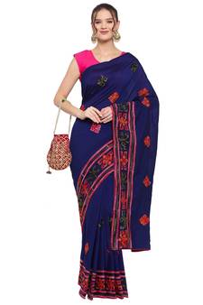 Blue embroidered georgette saree with blouse