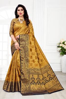 Beige woven banarasi silk saree with blouse 1