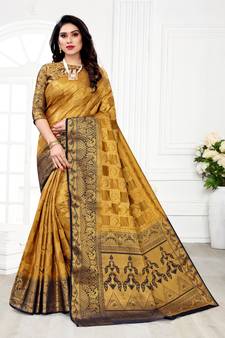 Beige woven banarasi silk saree with blouse