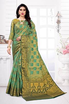 Green woven banarasi silk saree with blouse 1