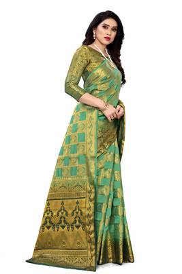Green woven banarasi silk saree with blouse 2