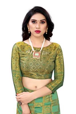 Green woven banarasi silk saree with blouse 4
