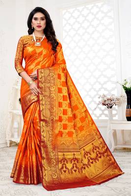 Orange woven banarasi silk saree with blouse 1
