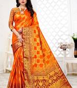 Orange woven banarasi silk saree with blouse