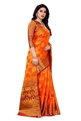 Orange woven banarasi silk saree with blouse 2