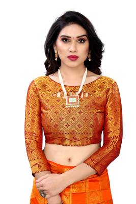 Orange woven banarasi silk saree with blouse 4