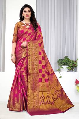 Pink woven banarasi silk saree with blouse 1